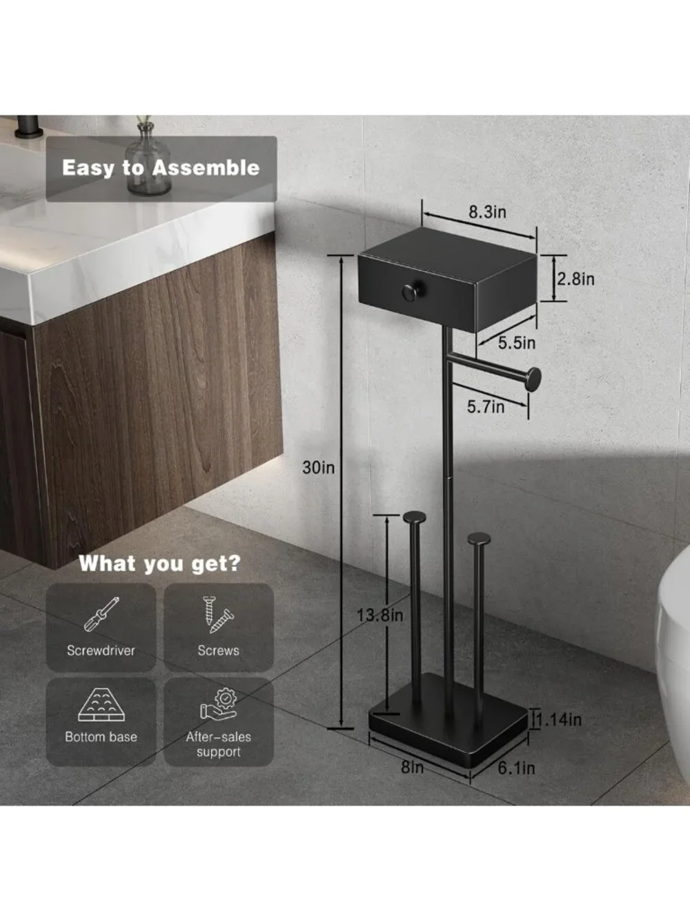 Freestanding Black Toilet Paper Holder with Shelf & Wipes Drawer - Heavy Duty